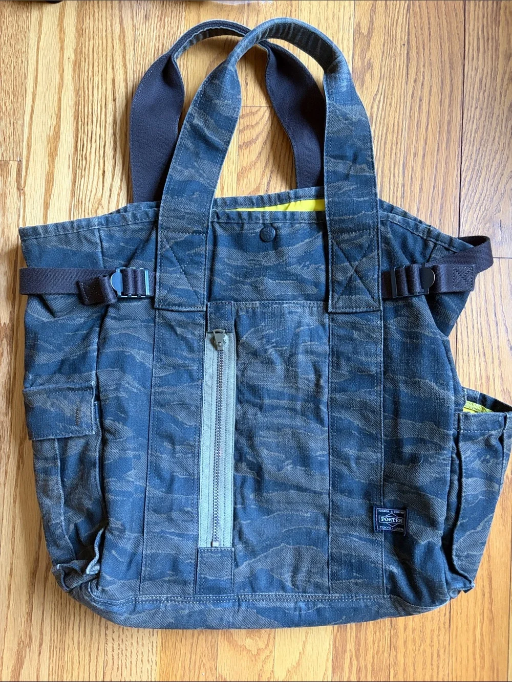 Vintage Yoshida & Co. Camo Canvas Tote-Backpack with Yellow Accent